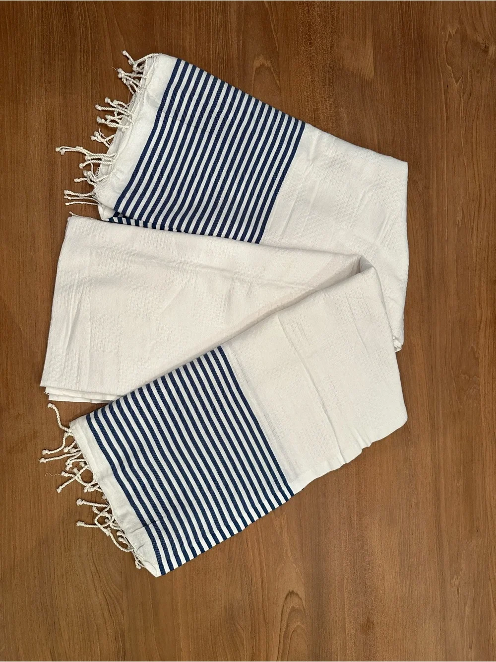 Set of 2 White Turkish Towels with Navy Stripe